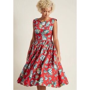 ModCloth Red Floral Fit & Flare Midi Dress Sz S